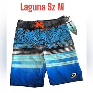 Laguna Boys Palm/Stripe Swim Trunks Summer Shorts UPF 50+ Size Medium (10-12)NWT
